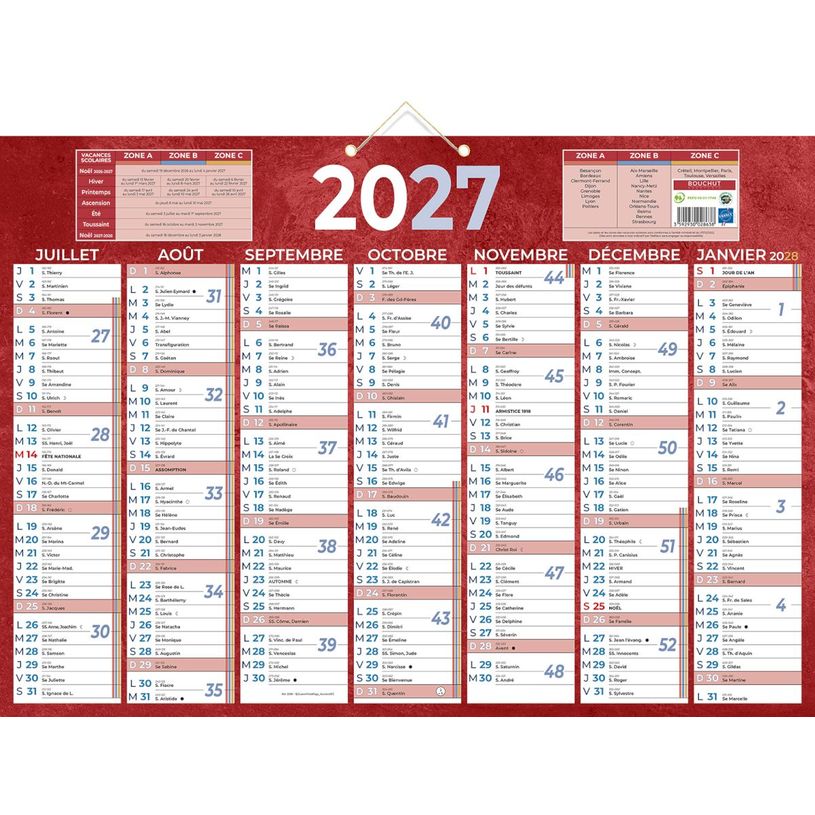 3592930028638-Calendrier bancaire année civile BOUCHUT "230 Rouge" 38,5 x 54 cm coloris rouge Pefc 70 %--1