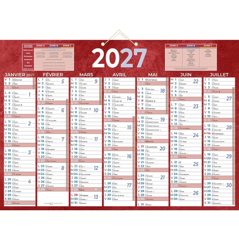 3592930028638-Calendrier bancaire année civile BOUCHUT "230 Rouge" 38,5 x 54 cm coloris rouge Pefc 70 %--0