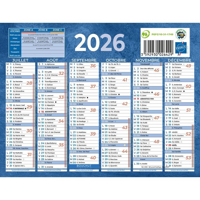 3592930026429-Calendrier bancaire année civile BOUCHUT "205 Bleu" 13,5 x 17, 5 cm coloris bleu Pefc 70 %--1