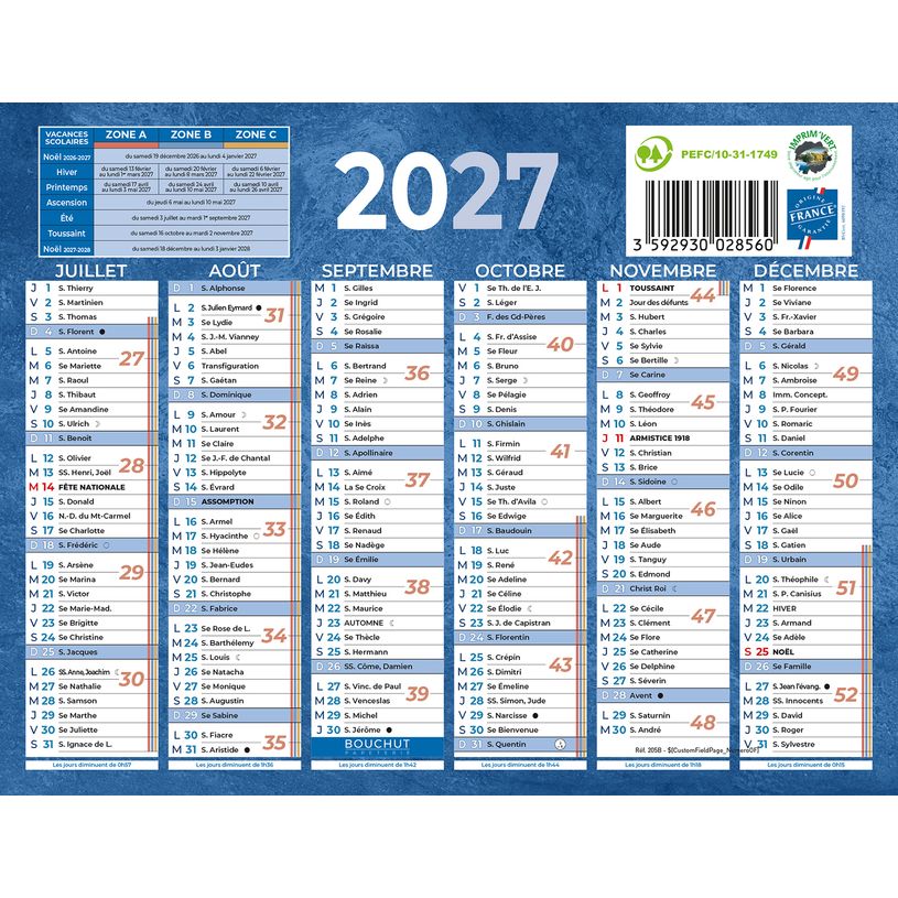 3592930028560-Calendrier bancaire année civile BOUCHUT "205 Bleu" 13,5 x 17,5 cm coloris bleu Pefc 70 %--1
