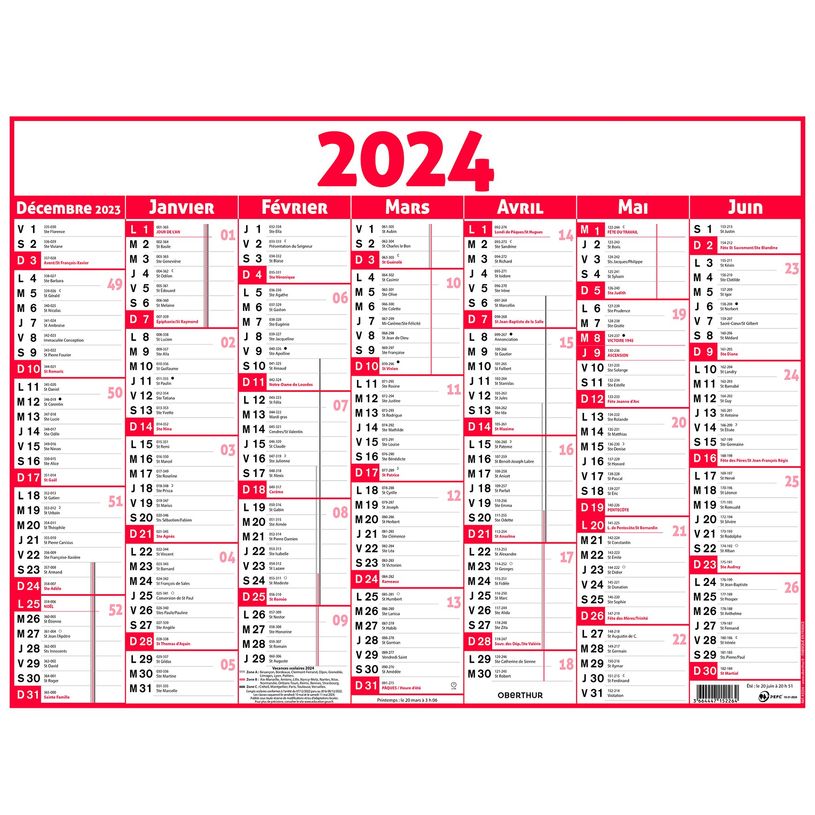 3664447154633-Calendrier Classique - 7 mois par face - 32 x 42 cm - rouge - Oberthur-P_405149384_1-0