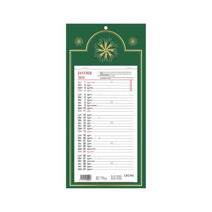 3147280261282-Calendrier Lecas long classique - mensuel à feuillets - 16 x 33,3 cm - vert-P_405149816_1-0