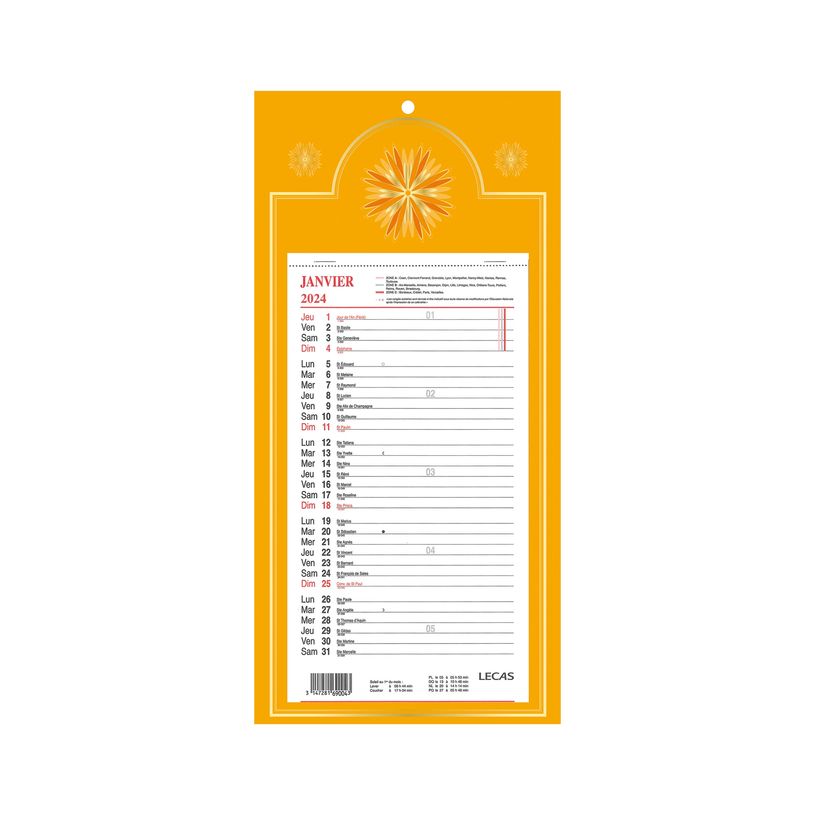 3147280261275-Calendrier Lecas long classique - mensuel à feuillets - 16 x 33,3 cm - jaune-P_405149817_1-0