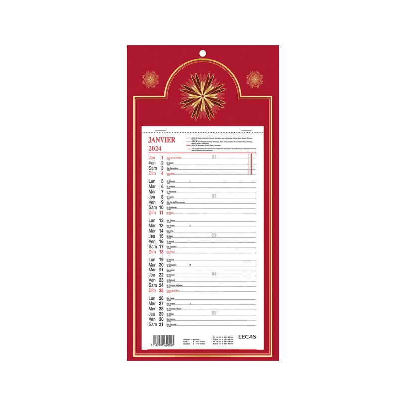 3147280261268-Calendrier Lecas long classique - mensuel à feuillets - 16 x 33,3 cm - rouge-P_405149818_1-0