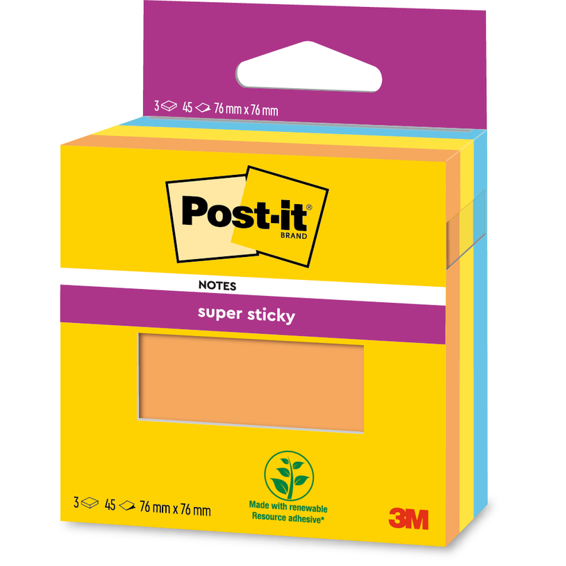 4054596906990-Post-it - Notes colorées Super Sticky - 76 mm x 76 mm -  45 feuilles/bloc - 3 bloc-P_405150483_1-0