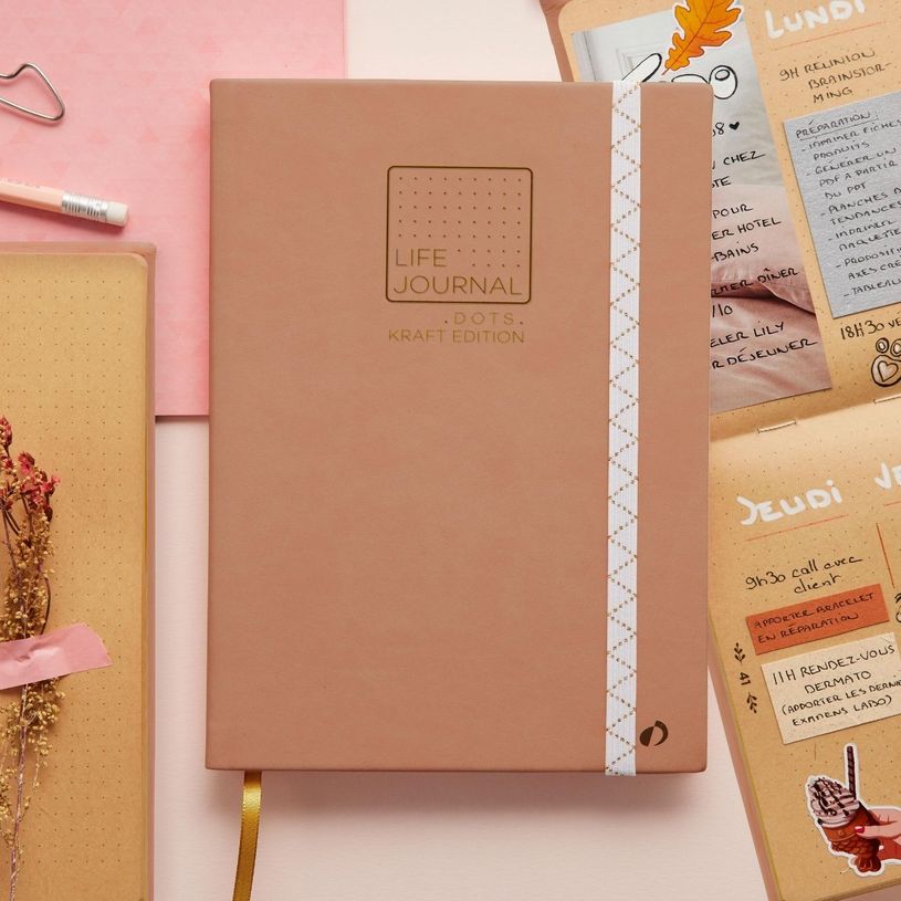 3371010479610-Quo Vadis - Carnet Bullet journal - Multilingue - Life Journal - Rose clair - Pages Points (dots) - 15x21 cm - Papier Clairefontaine kraft - Fabri--4