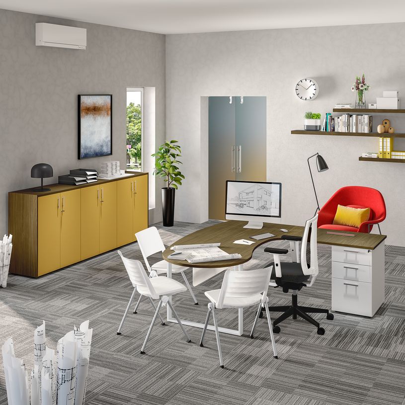 3253310392137-Bureau LOFTER Manager arrondi - retour à droite - L200 cm - Plateau imitation noyer - Pied blanc (Pied de renfort obligat-P_405152104_2-1