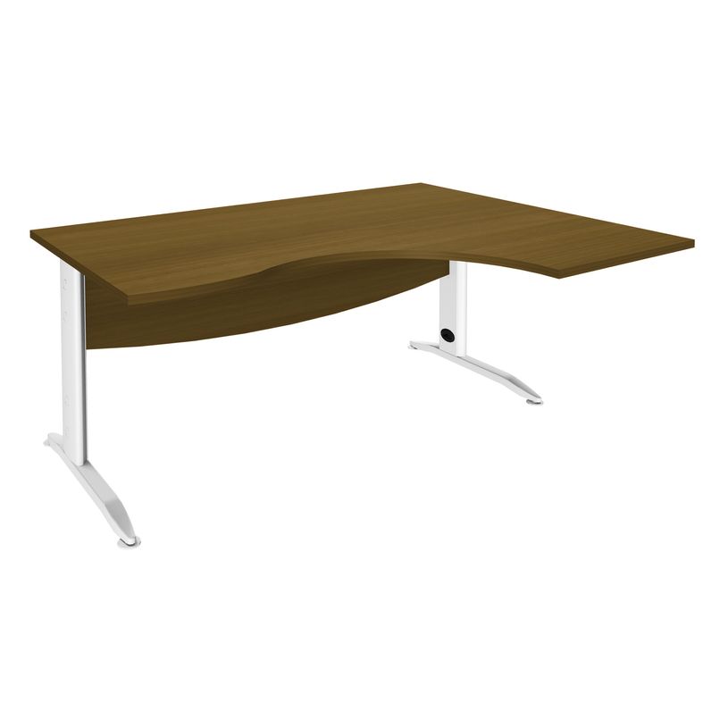 3253310449282-Bureau compact à droite IDRA - L160 cm - pieds blanc - plateau imitation noyer (pied de renfort obligat-P_405152430_1-0