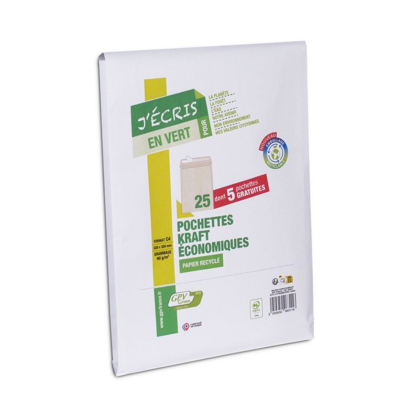 3250650063116-GPV Green - 25 Enveloppes + 5 gratuites C4 (229 x 324 mm) - 90 gr - sans fenêtre - bande auto-adhésiv--0