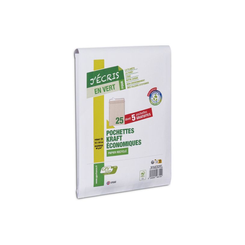 3250650063109-GPV Green - 25 Enveloppes + 5 gratuites C5 (162 x 229 mm) - 90 gr - sans fenêtre - bande -P_405153038_1-0