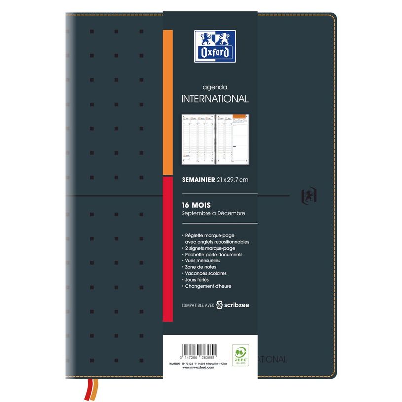 3147280283055-Agenda Oxford International - 16 mois - 1 semaine sur 2 pages - 21x29,7 cm - Colori Noir - Hamelin--0
