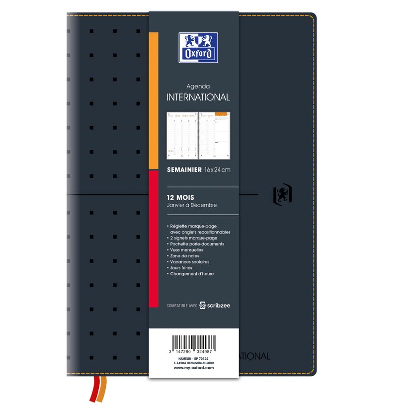 3147280282973-Agenda Oxford International - 16 mois - 1 semaine sur 2 pages - 16x24 cm - Colori Noir - Hamelin--0