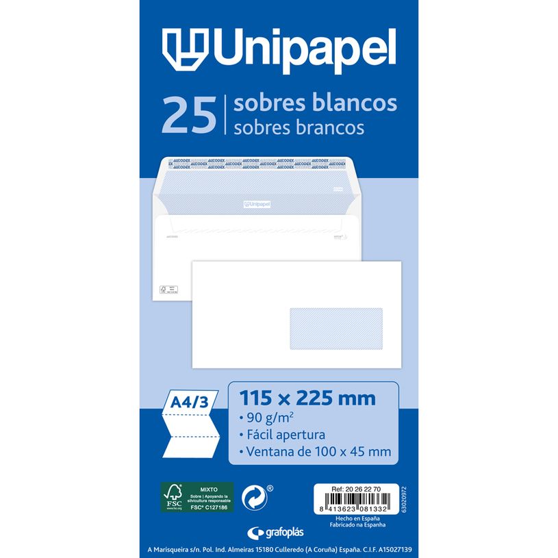8413623081332-Unipapel - Enveloppe - 115 x 225 mm - portefeuille - côté ouvert - auto-adhésif (peler et sceller) - 1-P_405165192_1-0