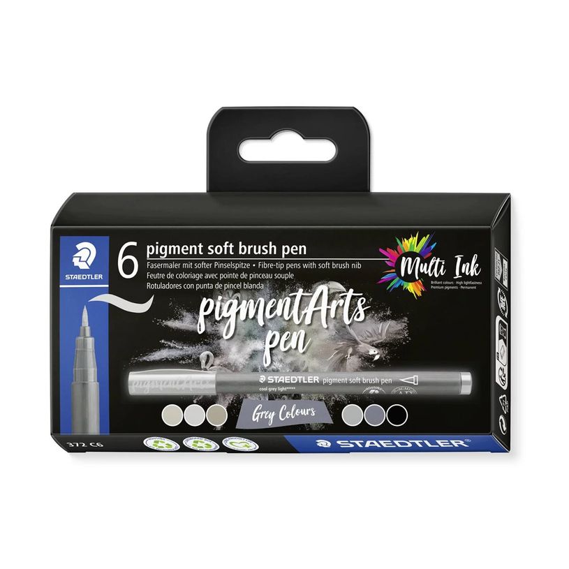 4007817098639-STAEDTLER Pigment soft brush 372 - 6 feutres pointe pinceau souple - gris & noir assortis-P_405177293_1-10