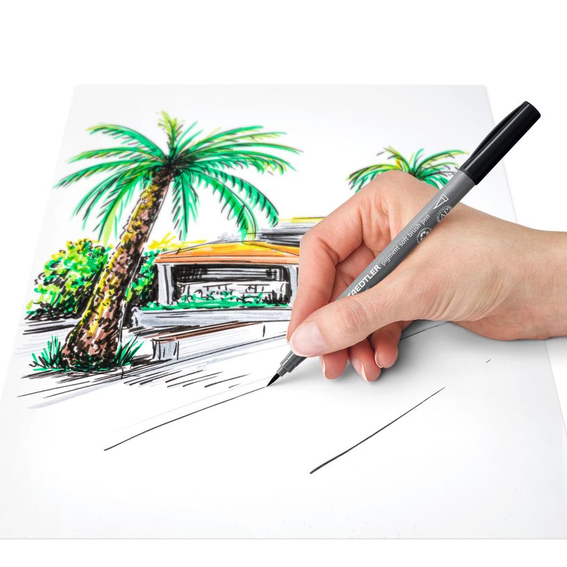 4007817098639-STAEDTLER Pigment soft brush 372 - 6 feutres pointe pinceau souple - gris & noir assortis-P_405177293_7-5