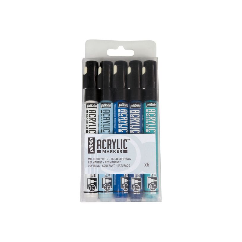 3167862012132-Pebeo Acrylic - Pack de 5 marqueurs - bleu clair, blanc, cyan, bleu nuit, bleu des Caraïb-P_405177382_1-0