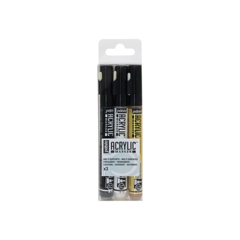 3167862055030-Pebeo Acrylic - Pack de 3 marqueurs - pointe ronde - noir, blanc, or précieux-P_405177385_1-0