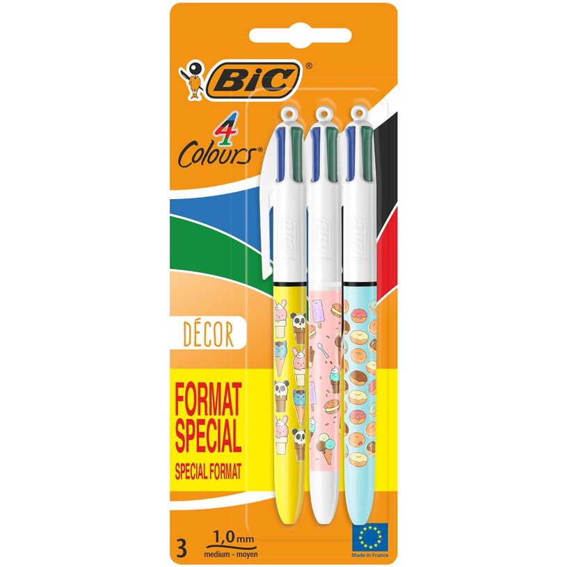 3086123546820-BIC 4 Couleurs - 3 Stylos à bille 4 couleurs - 1 mm - Décors assortis-P_405177395_1-0