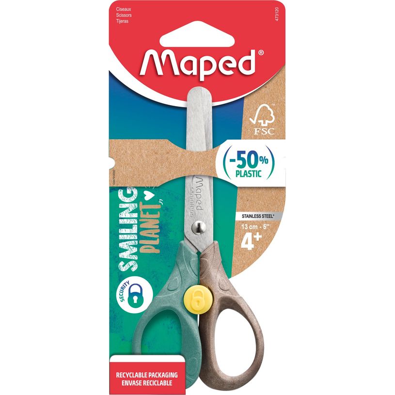 3154144731201-MAPED - Ciseaux SECURITY 13 cm SMILING PLANET - bouton de sécurité - en bois FSC - coloris assortis--0