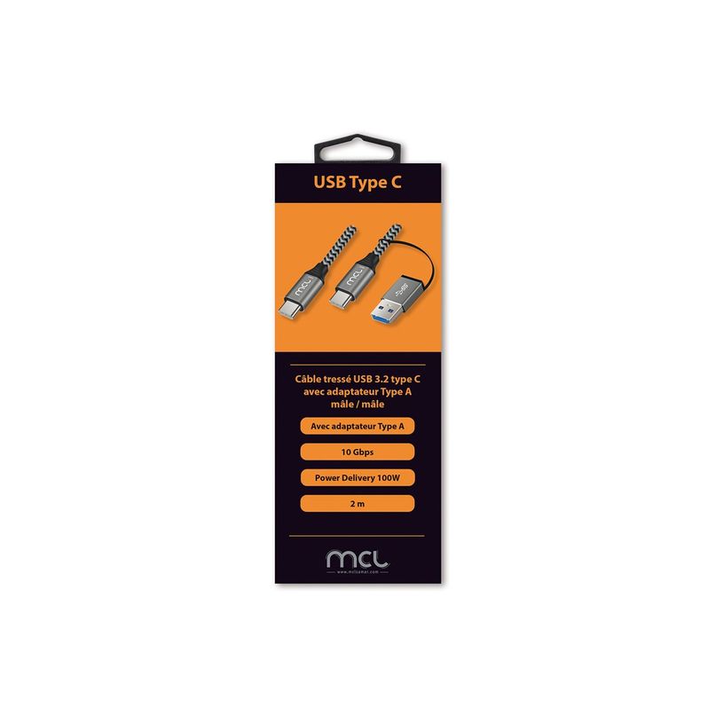 3700224767419-MCL Samar - Câble USB de type-C 3.2 - tressé 10 Gb - 100W 5A - 2 m + adaptateur - noir e-P_405183345_1-1