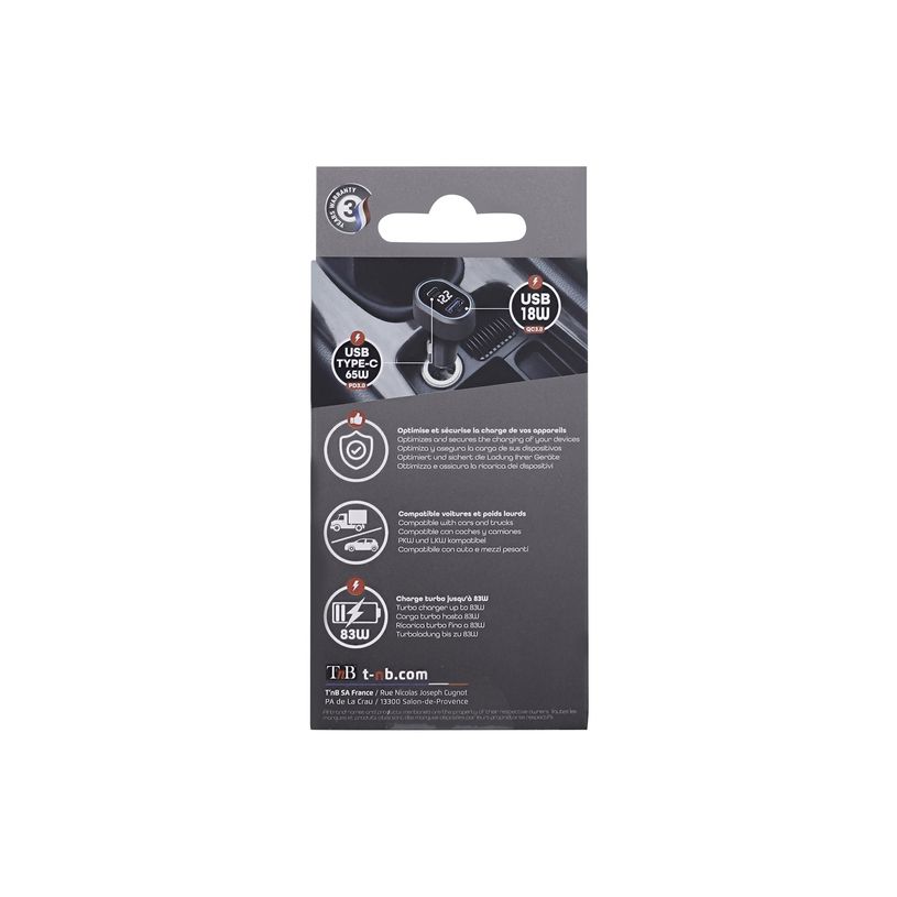 3303170113196-T'nB - Chargeur allume cigare pour voiture - 1XUSB et 1XUSBC - 83W-P_405183909_4-5