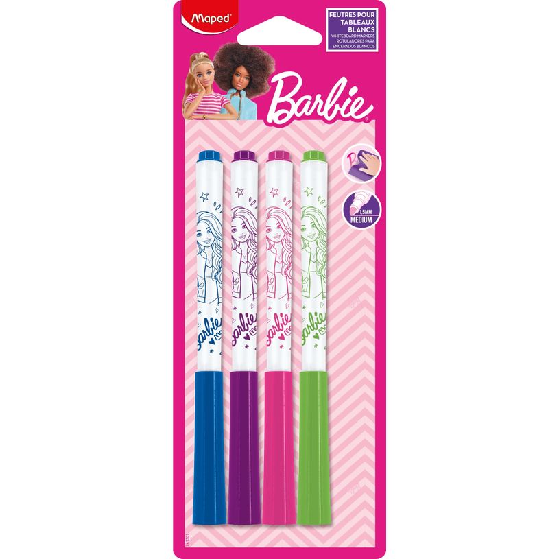 3154147413012-Maped Licence Barbie - 4 Feutres effaçables à sec pour ardoise blanche, - couleurs assor-P_405183948_5-0