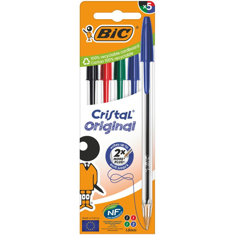 3086123734685-BIC Cristal - 5 Stylos à bille - couleurs assorties - 1 mm - pointe moyenne (étui carton)--2