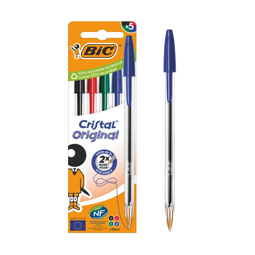 3086123734685-BIC Cristal - 5 Stylos à bille - couleurs assorties - 1 mm - pointe moyenne (étui carton-P_405184358_1-0