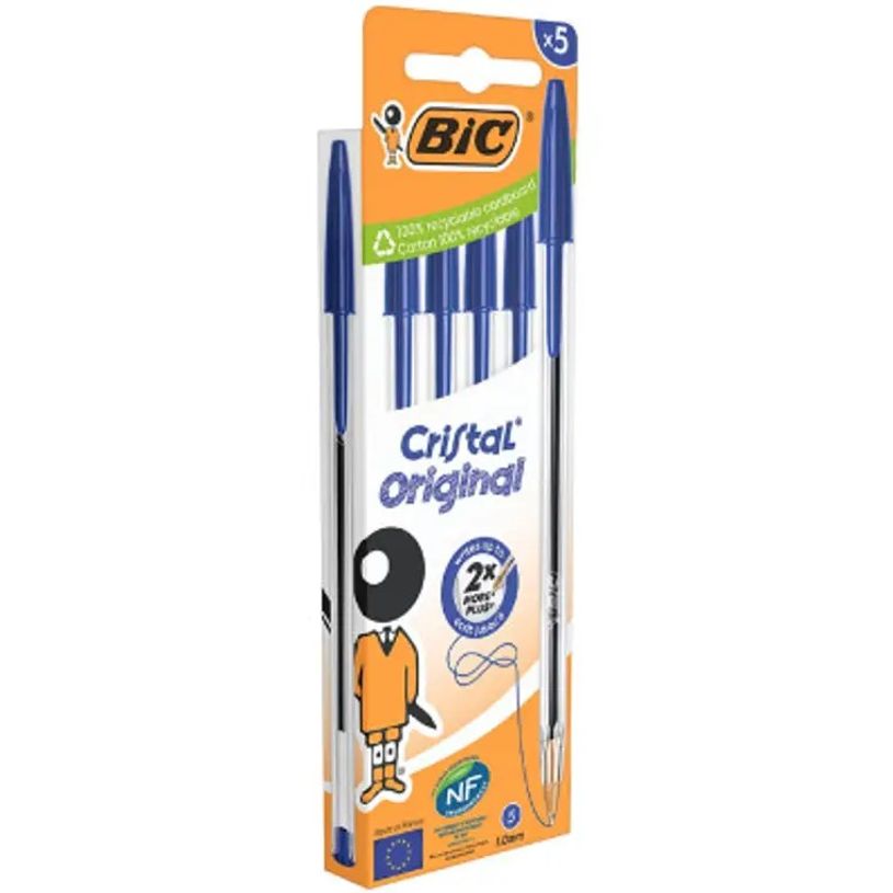 3086123734661-BIC Cristal - 5 Stylos à bille - bleu - 1 mm - pointe moyenne (étui carton)-P_405184361_2-1