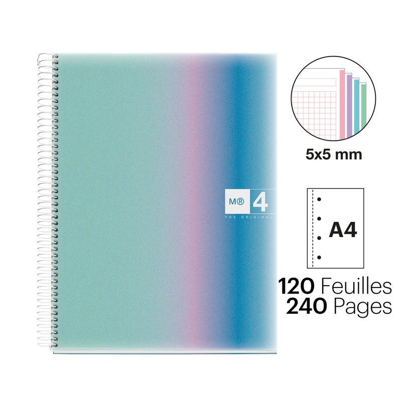 8422593040829-Notebook Aurora, Couverture souple, A4, quadrillage 5x5 mm, 120 feuilles de 4 couleurs, Miquelrius, San--1