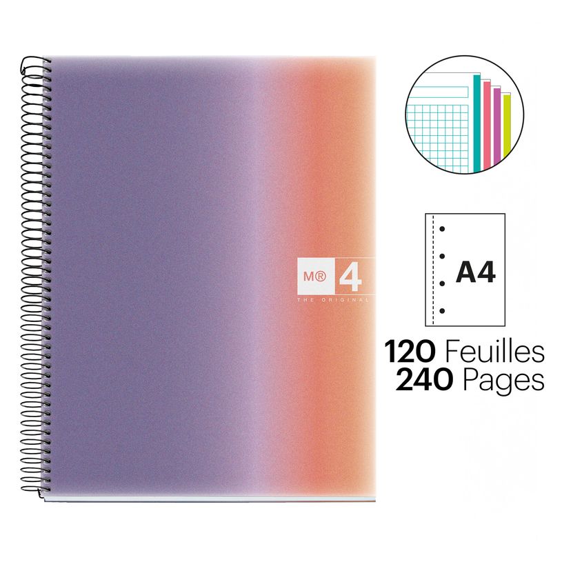 8422593040836-Notebook Aurora, Couverture souple, A4, quadrillage 5x5 mm, 120 feuilles de 4 couleurs, Miquelrius, Pro--1
