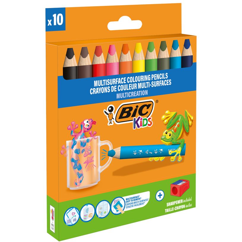 3086123728370-BIC Kids Multi-surfaces - 10 Crayons de couleur à corps triangulaire - mine effaçable sur surface non poreuses + 1 tail-P_405185183_1-0