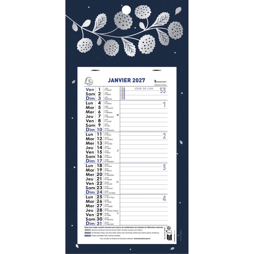 3660942086356-Calendrier mensuel avec feuillets détachables 13 x 23 cm sur plaque décors Végétal 16 x 33 cm  - disponible dans différentes cou--0