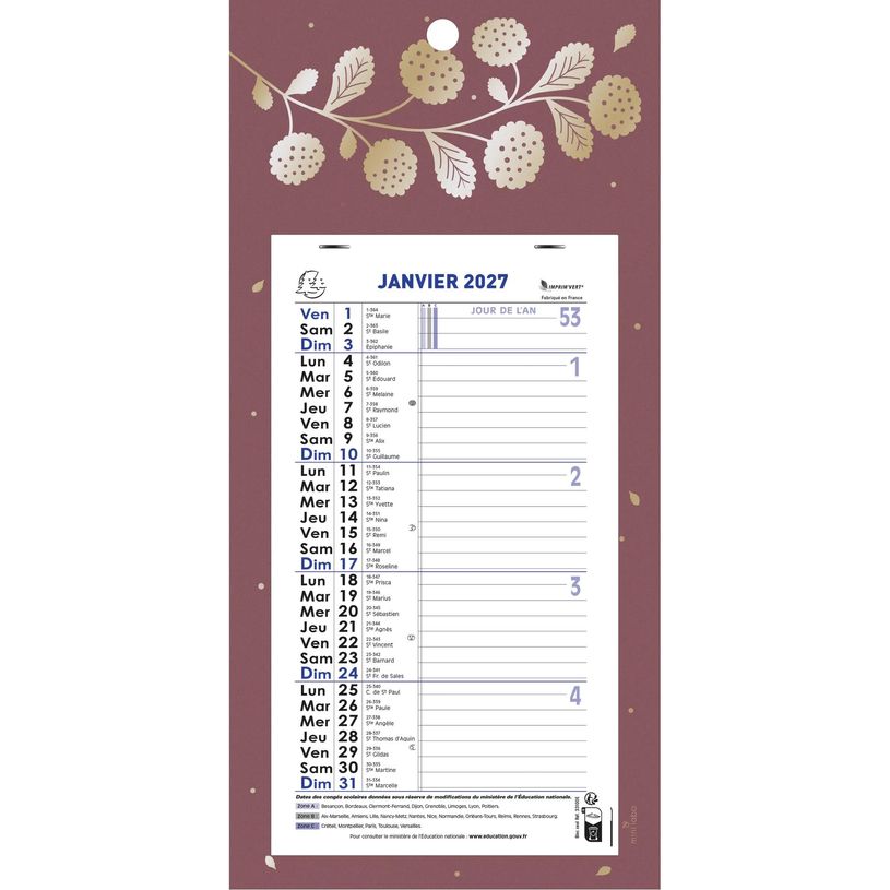 3660942086356-Calendrier mensuel avec feuillets détachables 13 x 23 cm sur plaque décors Végétal 16 x 33 cm  - disponible dans différentes cou--1