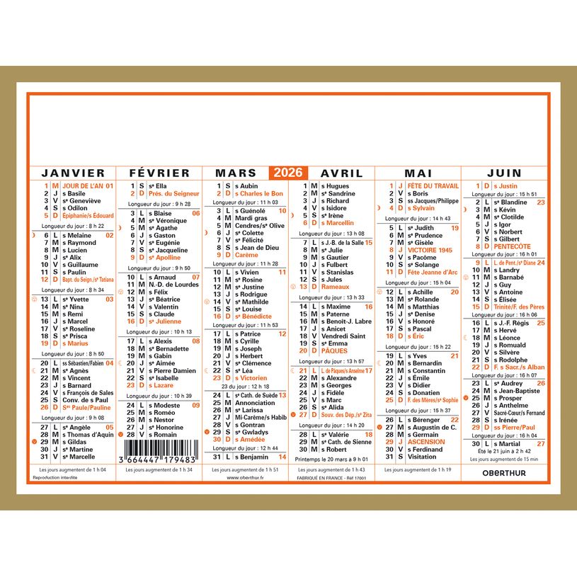 3664447196824-Calendrier Classique - 6 mois par face - 13,5 x 17,5 cm - Oberthur--0
