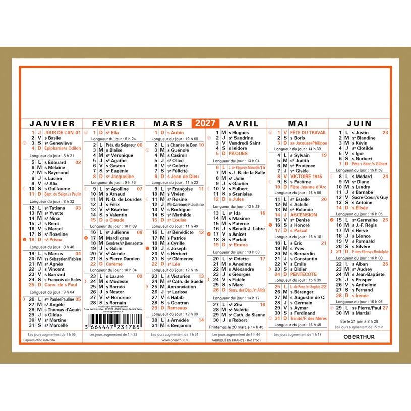 3664447231785-Calendrier Classique - 6 mois par face - 13,5 x 17,5 cm - Oberthur--0