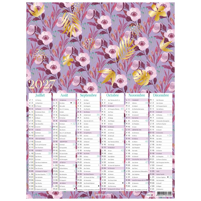3664447227542-Calendrier Poster or - 6 mois par face - 21 x 26,5 cm - Oberthur--1
