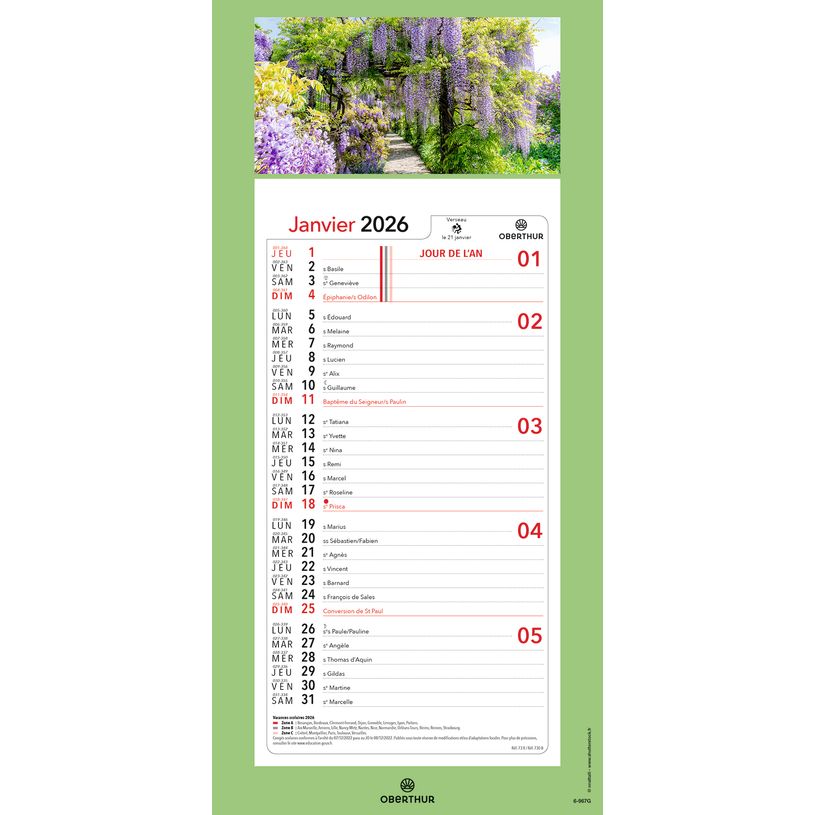 3664447209982-Calendrier mensuel en papier sur plaque illustrée - 16 x 33 cm - différents modèles disponibles - Ob--1