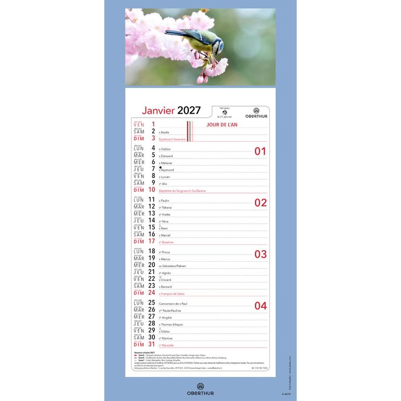 3664447231594-Calendrier mensuel en papier sur plaque illustrée - 16 x 33 cm - différents modèles disponibles - Ob--3