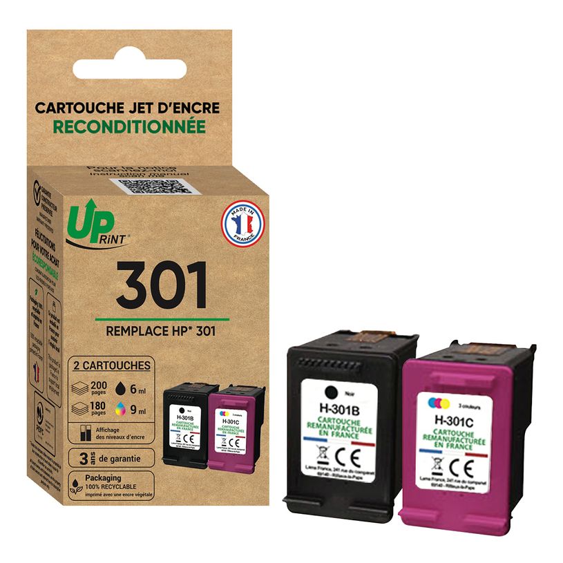 3584770629014-Cartouche remanufacturée HP 301 - pack de 2 - noir, cyan, magenta, jaune - Uprint--2