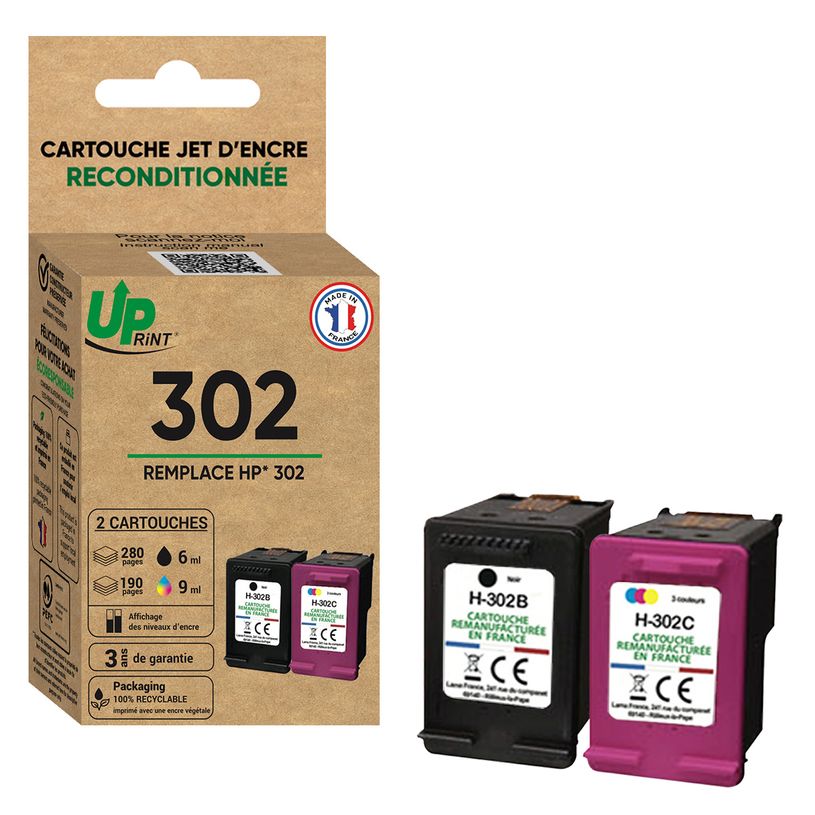 3584770629038-Cartouche remanufacturée HP 302 - pack de 2 - noir, cyan, magenta, jaune - Uprint--2