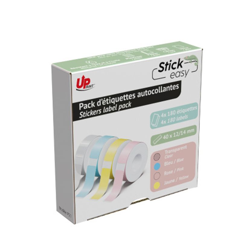 3584770436988-Uprint - 4 rouleaux de 180 étiquettes pour étiqueteuse Stick Easy UP21 - transparent et pastel - 14 x--1