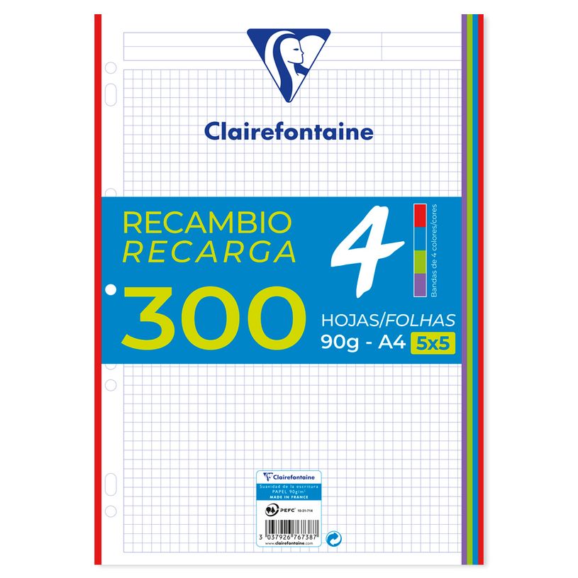 3037926767387-Recambio Clairefontaine A4 300 hojas 5 colores vivos cuadro 5x5 90 g/m²-P_405188457_1-0