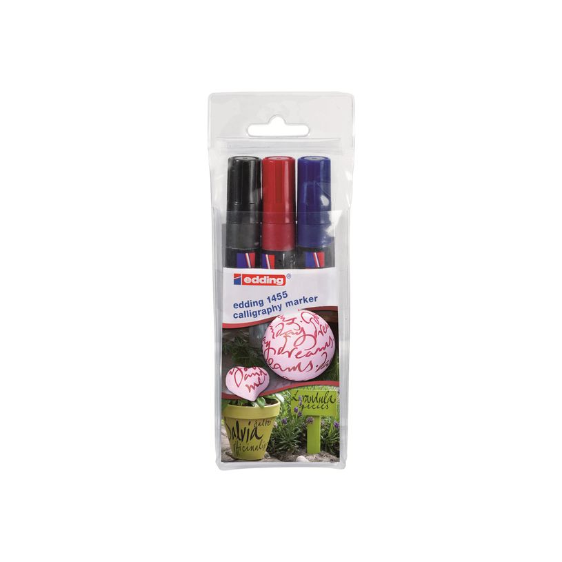4004764942701-edding 1455 calligraphy - Marqueur - permanent - pour bois, terracotta - noir, bleu acier, laque cramoisi - encre pig-P_405199917_1-0