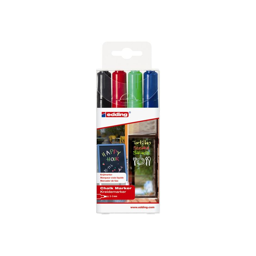 4004764963676-edding 4095 chalk - Marqueur - pour verre, miroir, tableau noir - noir, rouge, bleu, lumière fluorescente verte - c-P_405199922_4-4
