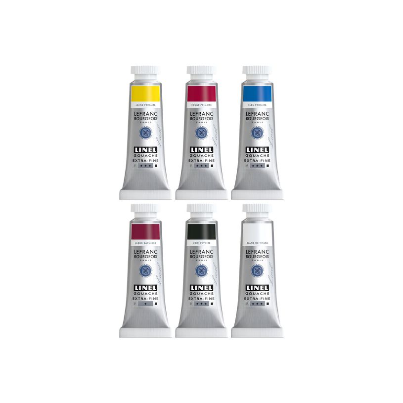 3013643012399-Lefranc Bourgeois LINEL EXTRA-FINE Series 1 - Ensemble de peinture - 6 parties - gouache - 6 couleurs - laque cramoisi, noir ivoire, bleu primaire, rouge primaire, jaune -P_405200722_3-0