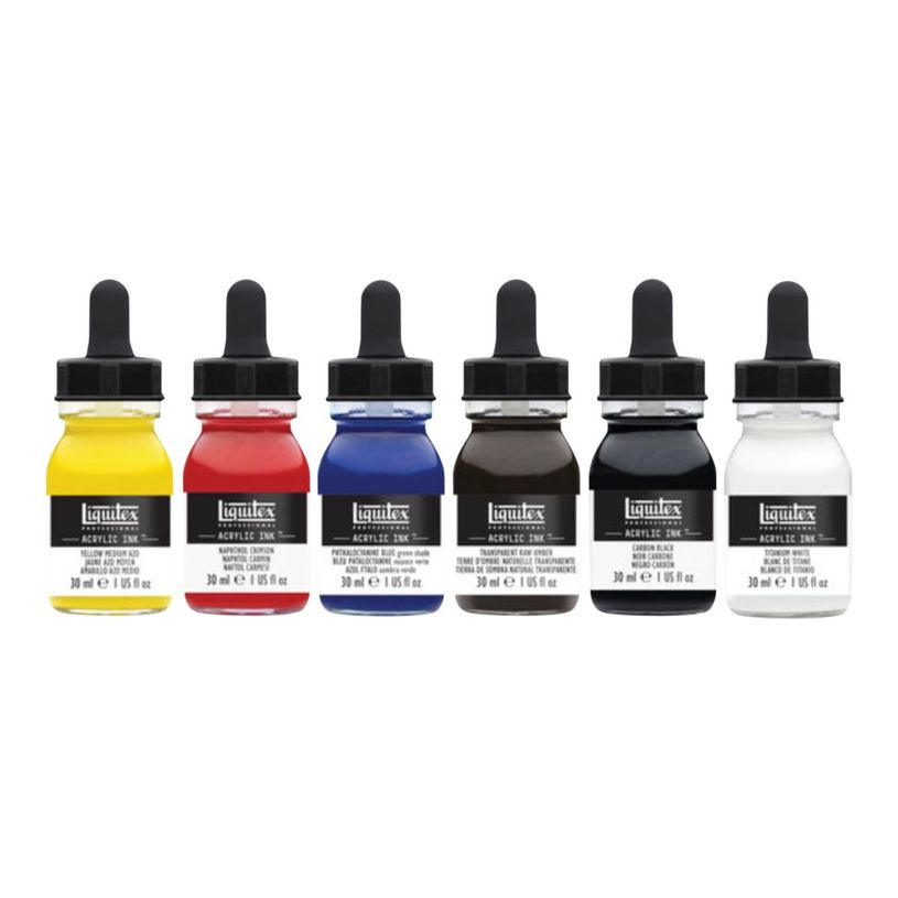0887452997481-Liquitex Professional Essentials - Jeu d'encre - peinture acrylique - 6 couleurs - noir carbone, naphtol pourpre, blanc titane, jaune azo moyen, ambre brut transparent, vert phtalocyanine (nuance de bleu) - semi-t-P_405201500_1-0