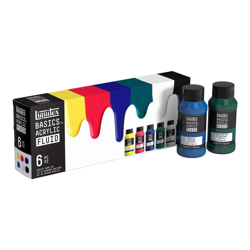 0887452056522-Liquitex Basics Fluid - Ensemble de peinture - 6 parties - peinture acrylique - 6 couleurs - jaune primaire, rouge primaire, bleu primaire, vert phtalo, blanc tita-P_405202143_1-0