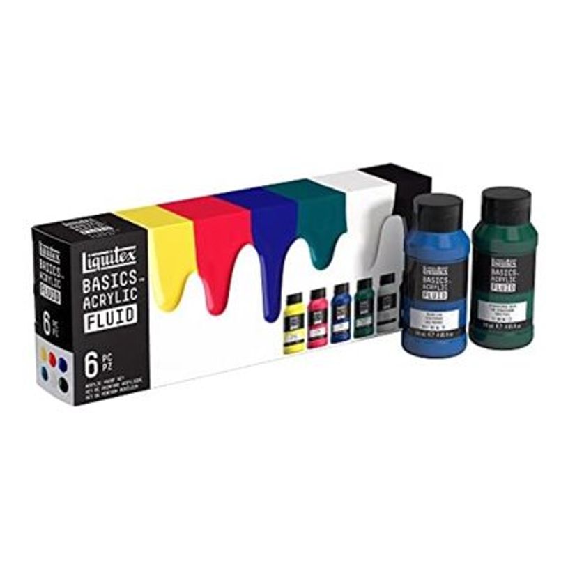 0887452056522-Liquitex Basics Fluid - Ensemble de peinture - 6 parties - peinture acrylique - 6 couleurs - jaune primaire, rouge primaire, bleu primaire, vert phtalo, blanc tita-P_405202143_2-1