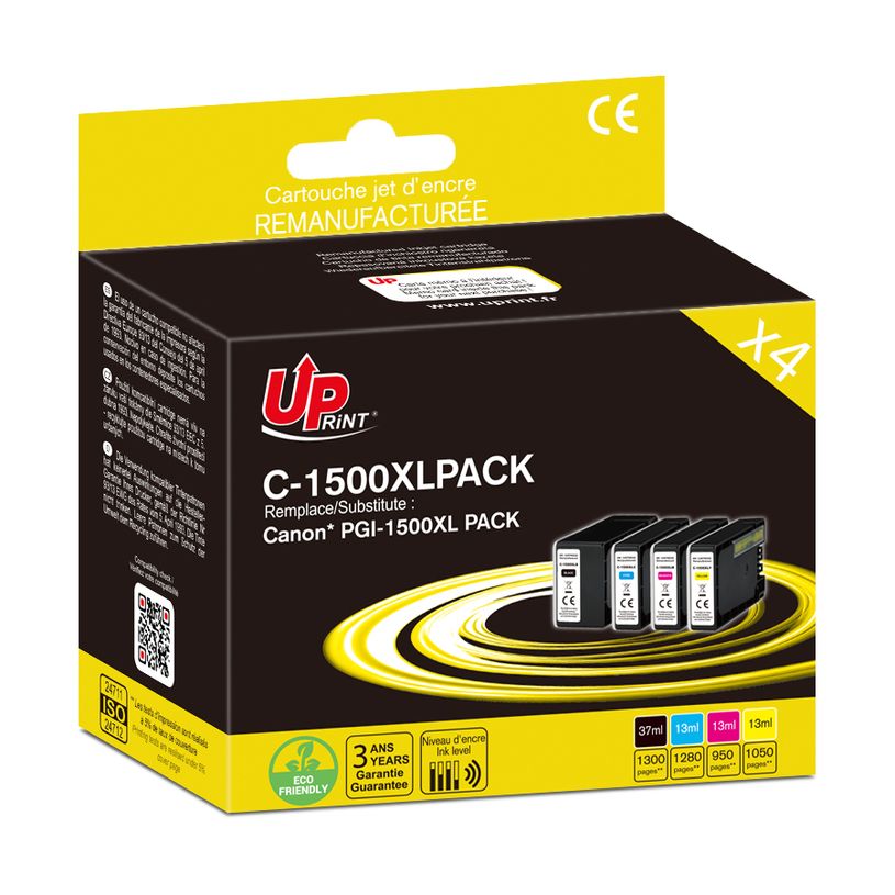 3584770912840-Cartouche remanufacturée Canon PGI-1500XL - pack de 4 - noir, cyan, magenta, jaune - Uprint--0
